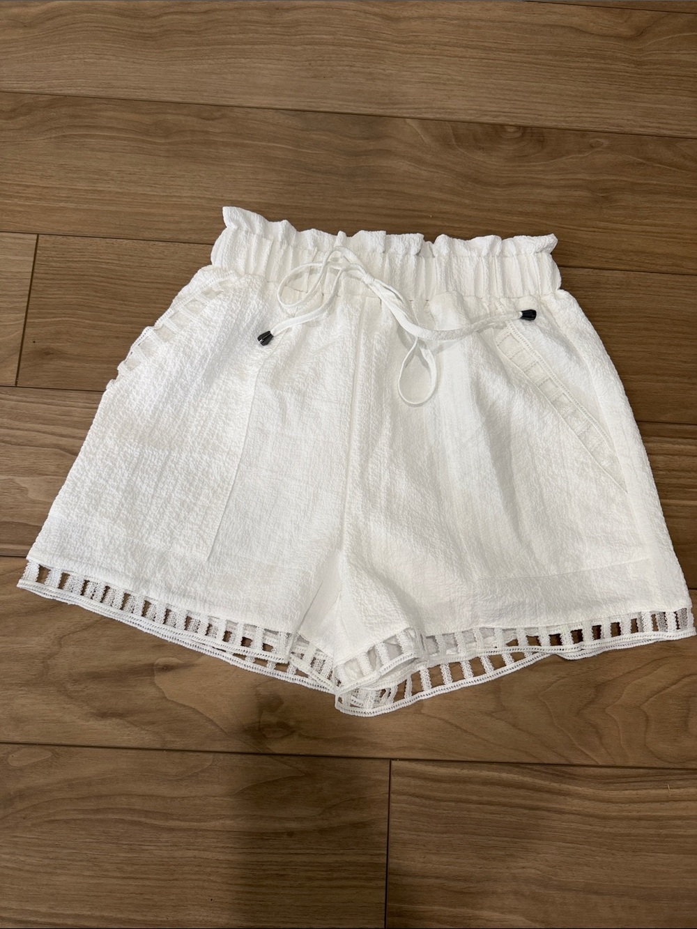 White Drawstring Textured Women’s Shorts with Crochet Trim